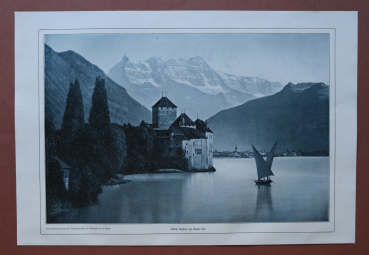 Kunst Druck Genf 1909 Schloss Chillon am Genfer See Schweiz